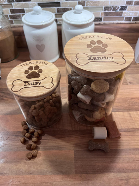 Dog treats jar personalised with name. engraved. pet treats storage jar, can be custom made to any words 2 sizes . Airtight bamboo lid.