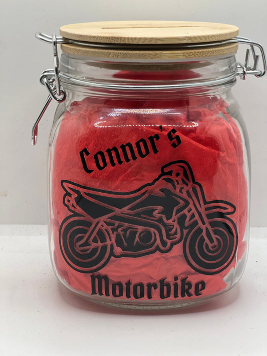 Personalised Motorbike fund glass jar Money Box . Savings jar . Piggy bank with money slot. motorbike maintenance fund,