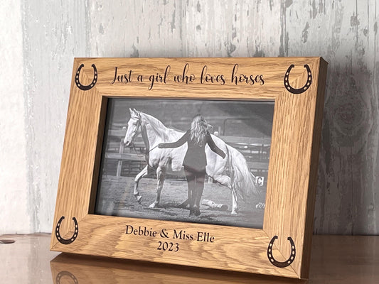 Personalised engraved oak effect horse and rider photo frame. Equestrain frame. custom made. Perfect gift. Keepsake now Card available