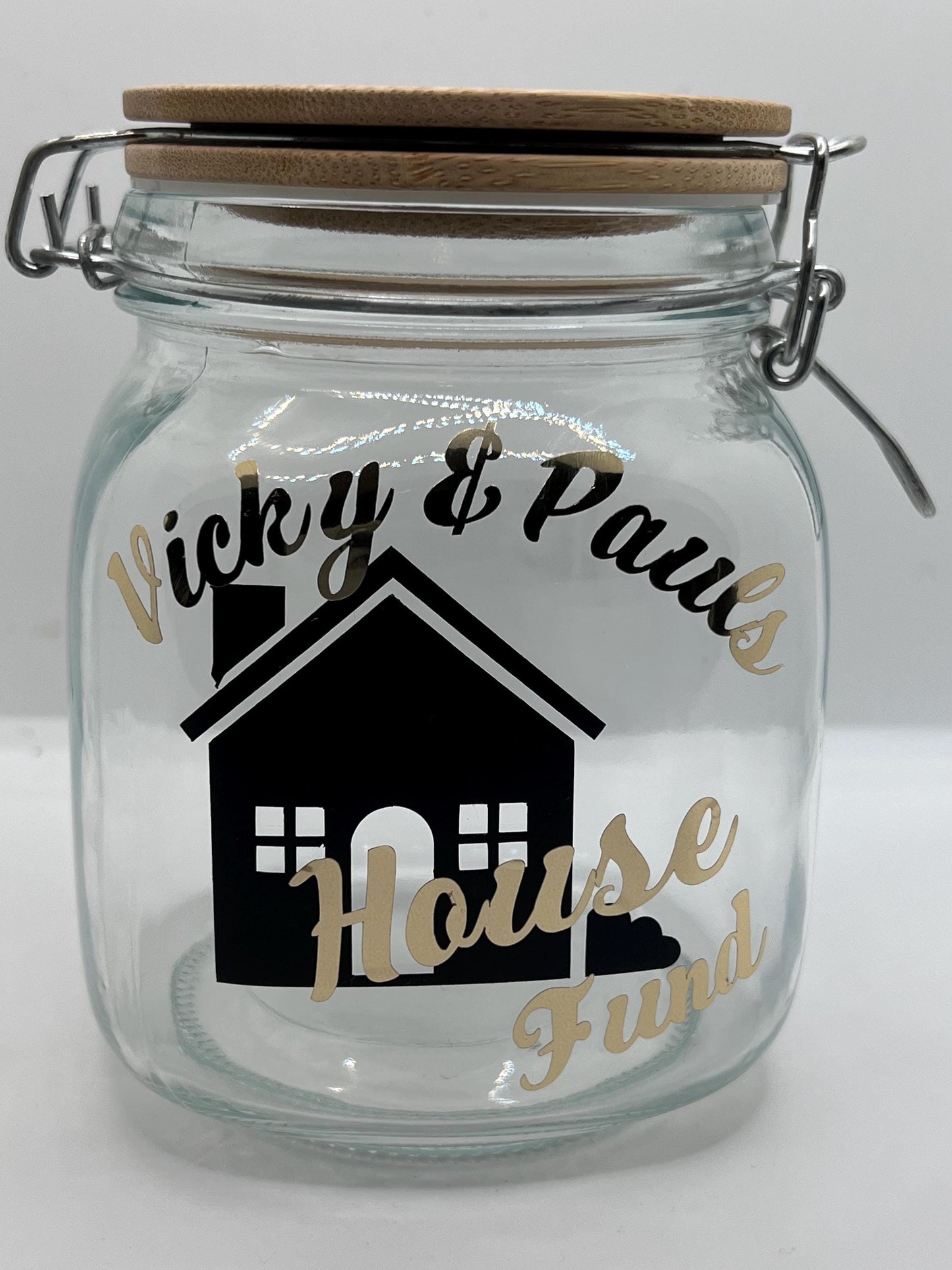 Personalised House fund glass jar Money Box . Savings jar . Piggy bank with money slot.