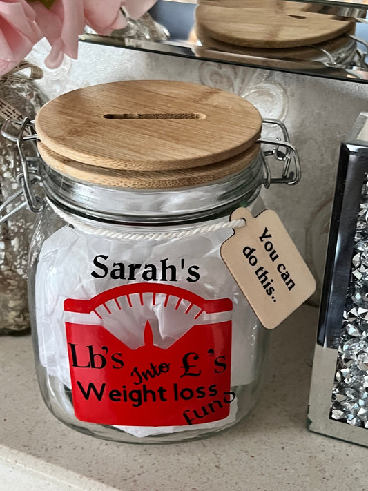 Personalised weight loss money jar. Lbs into pounds , diet jar. Money box.