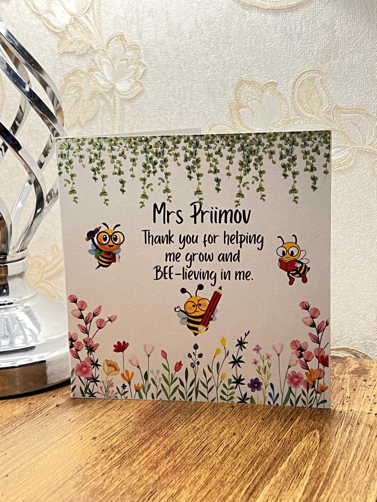 Teacher Gift. Personalised Teacher pens and pencils pot holder. Flower garden and bees  School pen pot. End of term gift.Now Matching Card
