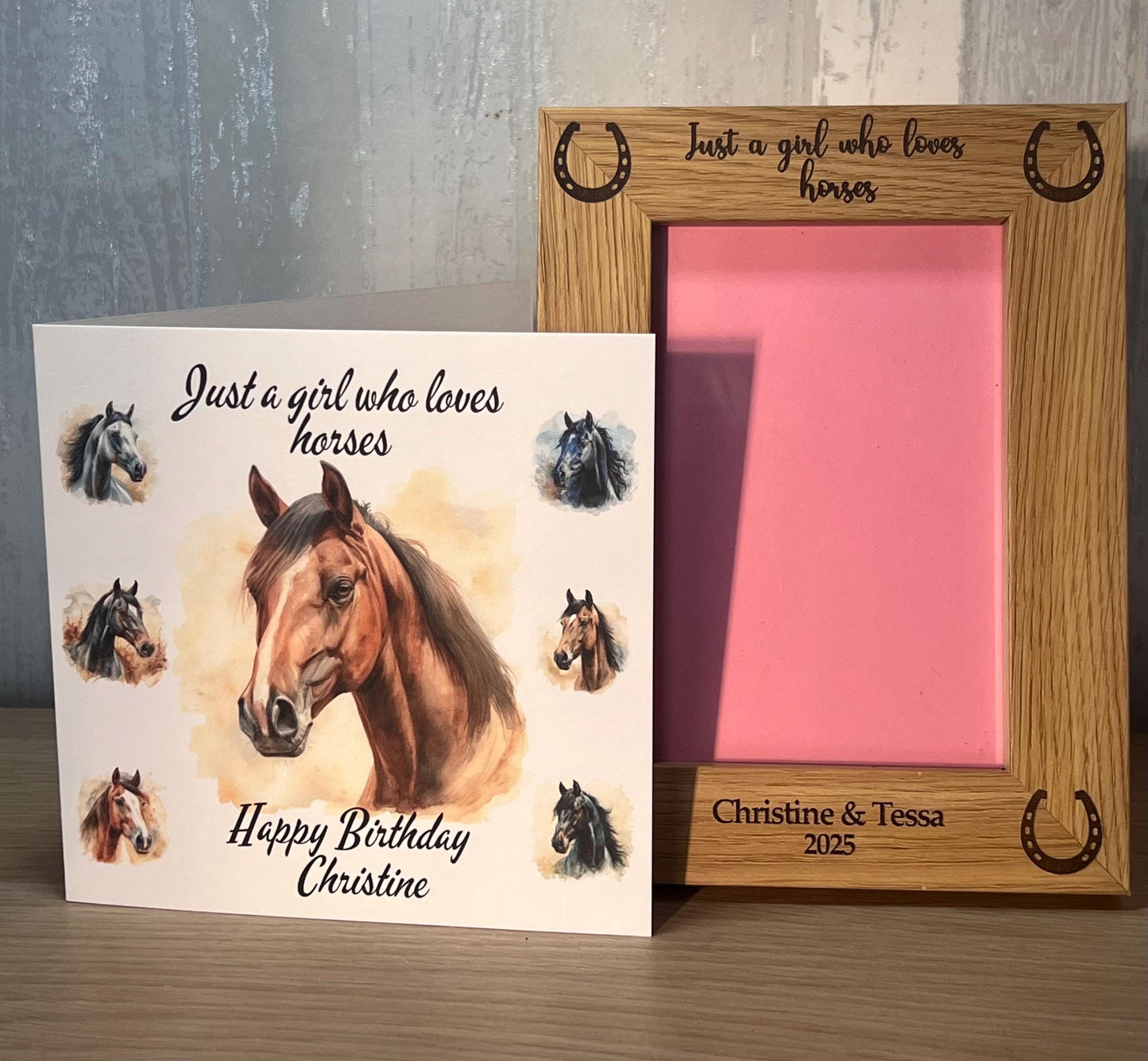 Personalised engraved oak effect horse and rider photo frame. Equestrain frame. custom made. Perfect gift. Keepsake now Card available