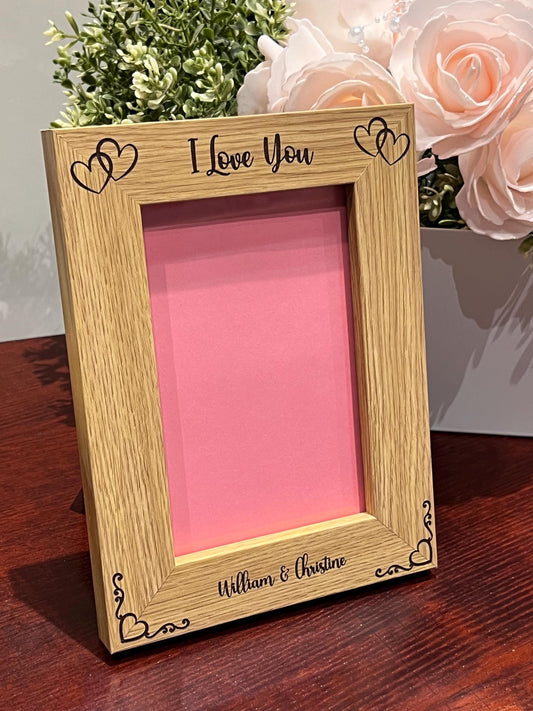 Couple, Anniversary ,etc I love you. PERSONALISED lovely oak effect engraved photo frame holds 6x4 photo. Any words.