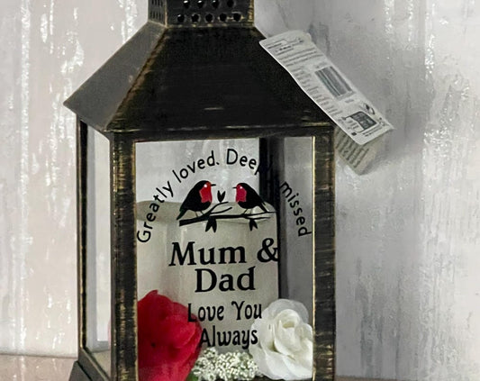 Personalised Memorial Lantern choice of flower colour, Mum, Dad, Nan, Grandad Wife , husband etc. Graveside ,Home. Auto candle two robins