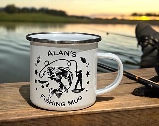 Fishing mug. Personalised fishing mug with name. image on both side 12oz enamel mug. camping mug. Angeler mug. Carp fishing. custom gift.